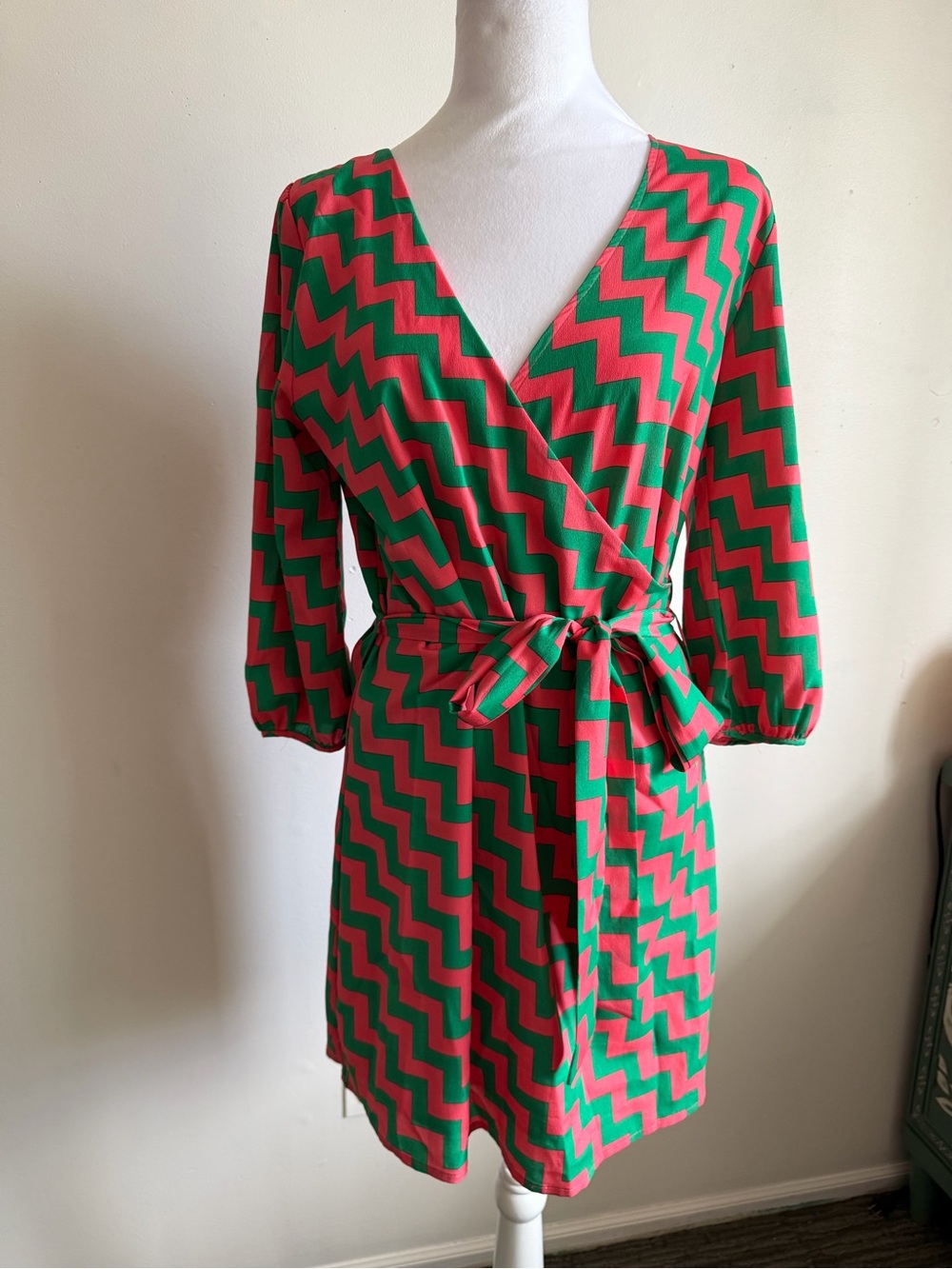 Chevron Wrap Dress in Red and Green